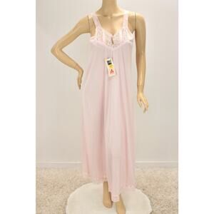 Vtg NWT Texsheen Lingerie Nightgown Medium Pink Nylon Lace Long Nightie Girly